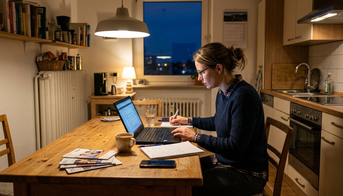 Berufstätige Person lernt abends am Laptop für ein berufsbegleitendes Studium (Symbolbild)