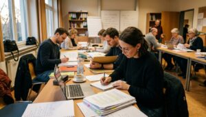 Berufstätiger Erwachsener lernt abends am Tisch mit Notizen und Laptop