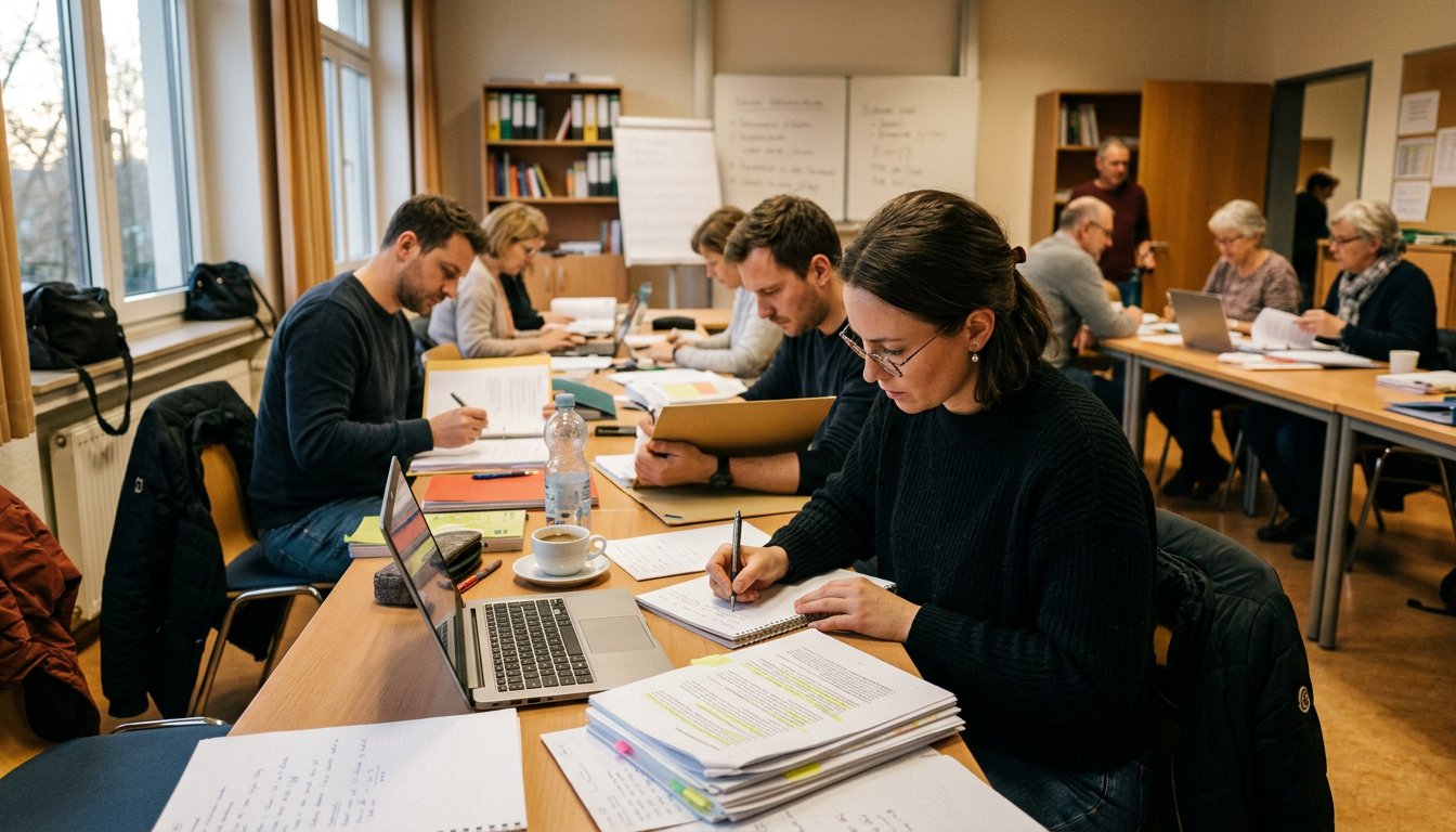 Berufstätiger Erwachsener lernt abends am Tisch mit Notizen und Laptop