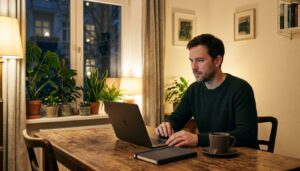 Berufstätige Person sitzt abends am Küchentisch mit Laptop und Unterlagen, Symbolbild für ein Studium ohne Abitur