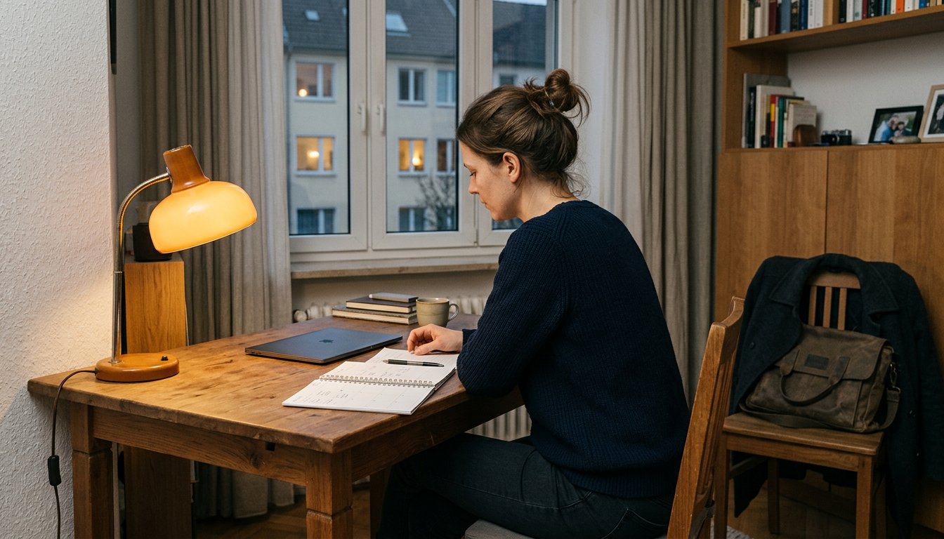 Berufstätige Frau plant abends am Schreibtisch mit einem Kalender ihre Lernzeit, Symbolbild zur Wahl zwischen Abend- und Fernstudium